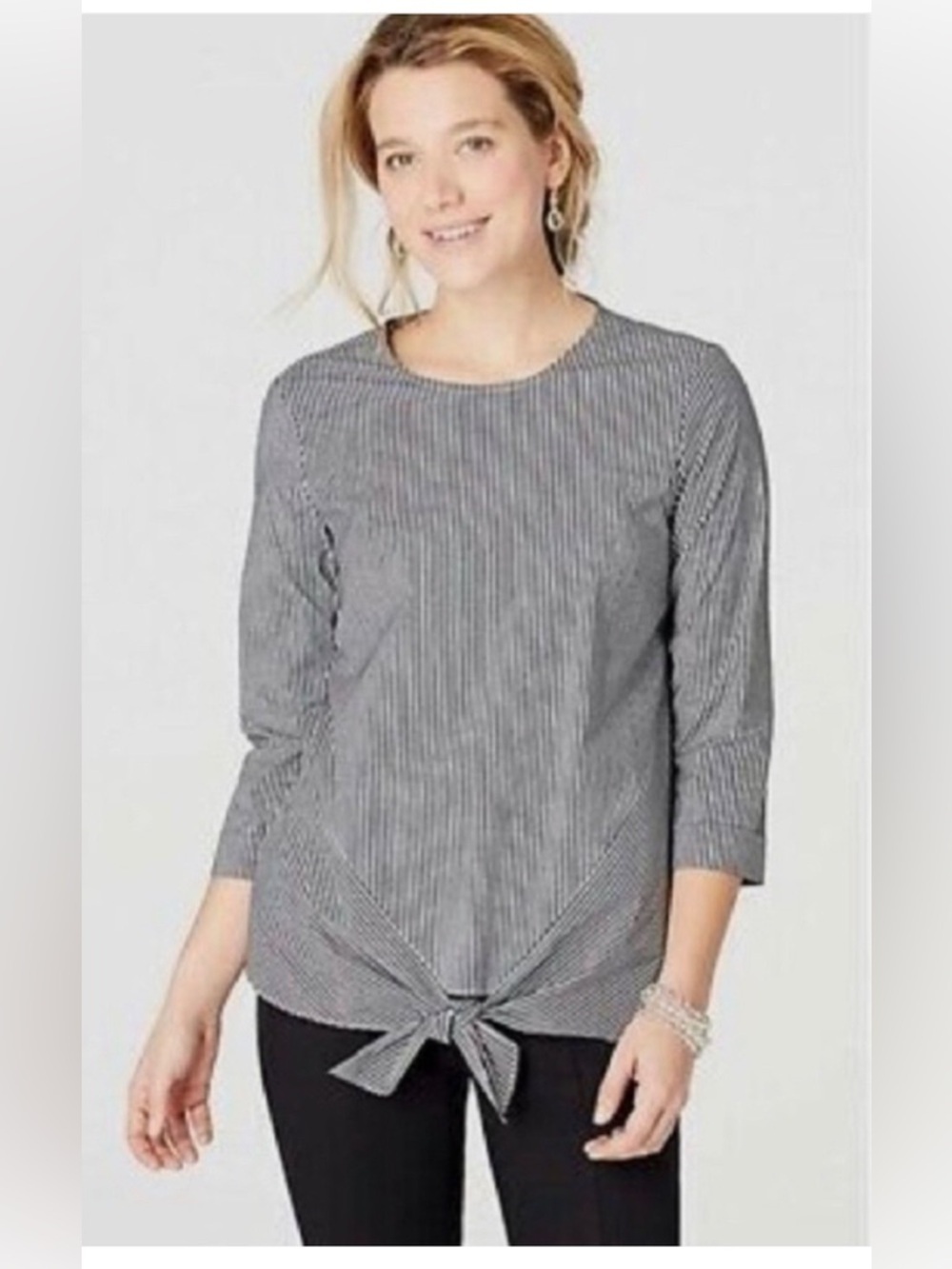 J.Jill  QStriped Tie-Hem 3/4 Sleeve Women's Top - Gray